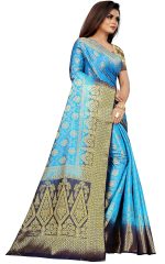 C J Enterprise Women's Banarasi Saree Pure Kanjivaram Silk Saree Soft Design Wear Pattu Sarees Latest Party Cotton With Blouse Piece Kanchipuram for Wedding traditional new 2024 (kismat-2 Sky Blue) - Image 4