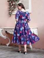 SMOWKLY Women's Georgette Floral Printed Indo-Western Ethnic Gown || Half Sleeve V Neck Fit & Flare Flared Hem Design || Casual Wear A-Line Maxi Dress 1323_BL_XL Blue - Image 3