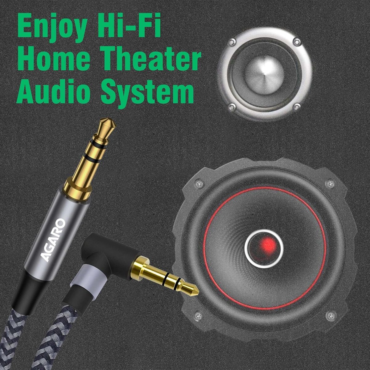 AGARO 3.5mm Audio Cable Stereo Aux 90 Degree Right Angle Aux Cable 24K Gold Plated Male to Male Hi-Fi Sound for Car, Home Stereos, Speakers & More 1M/ 100CM/ 3.2 Ft, Silver & Black, (33664) - Image 2